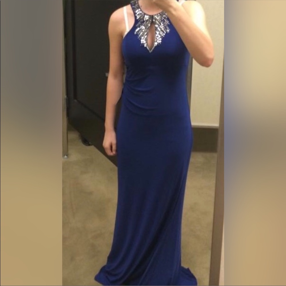 Xscape Blue with Silver Beads Formal Dress - Picture 2 of 7